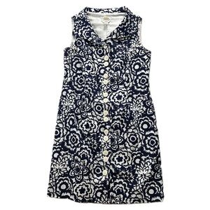Talbots Vintage 90s Navy Blue & White Floral Print Cotton Sleeveless Shift Dress